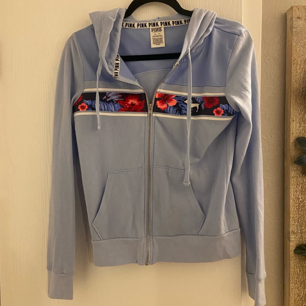 Victoria's Secret PINK Light Blue Zip-Up Hoodie with Floral Chest Stripe